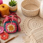 Barbante para crochê colorido e cru sobre mesa artesanal, com novelos, cesta, tapete, bolsa e flores de crochê.