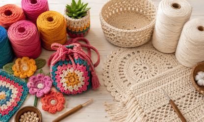 Barbante para crochê colorido e cru sobre mesa artesanal, com novelos, cesta, tapete, bolsa e flores de crochê.