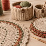 Projetos de crochê com barbante sobre mesa de madeira, incluindo tapete, cestos, sousplats, novelos e agulha.
