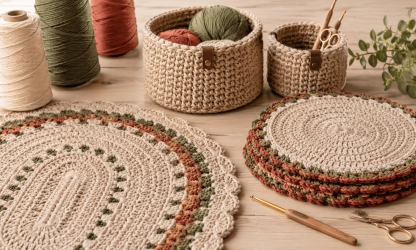 Projetos de crochê com barbante sobre mesa de madeira, incluindo tapete, cestos, sousplats, novelos e agulha.