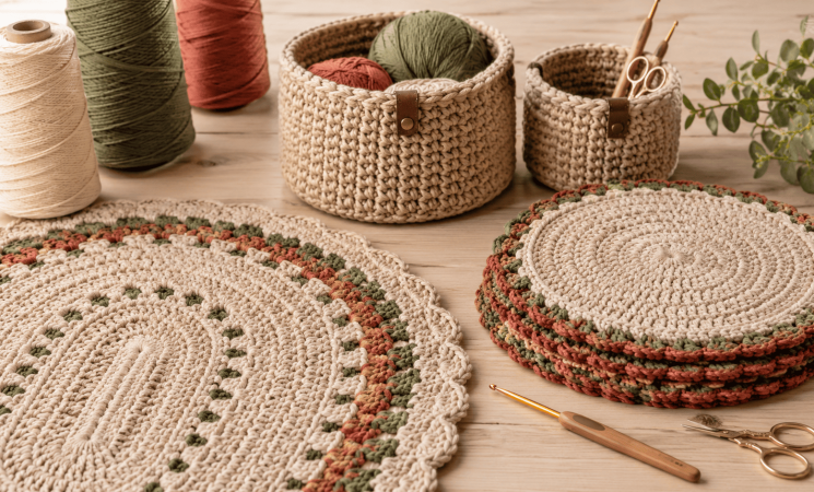 Projetos de crochê com barbante sobre mesa de madeira, incluindo tapete, cestos, sousplats, novelos e agulha.