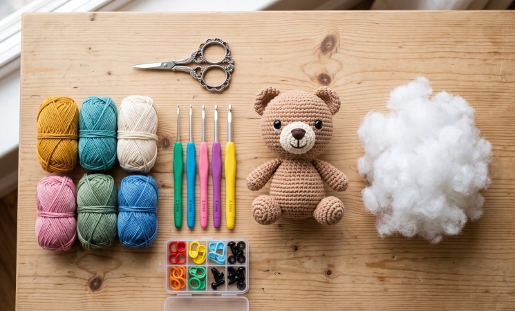 Kit de materiais para fazer amigurumi com novelos de linha de algodão coloridos, agulhas de crochê com cabo emborrachado, marcadores de ponto, fibra de enchimento e ursinho de crochê finalizado sobre mesa de madeira clara.